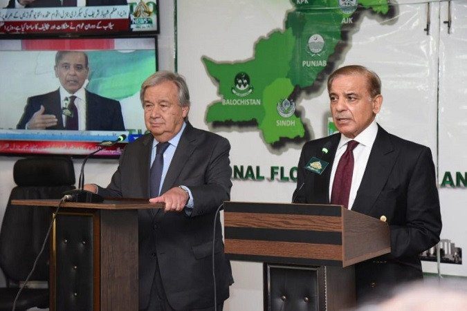 United Nations Secretary General Antonio Guterres and Prime Minister Shehbaz Sharif addressing a presser at the National Flood Response Coordination Centre (NFRCC). PHOTO: APP