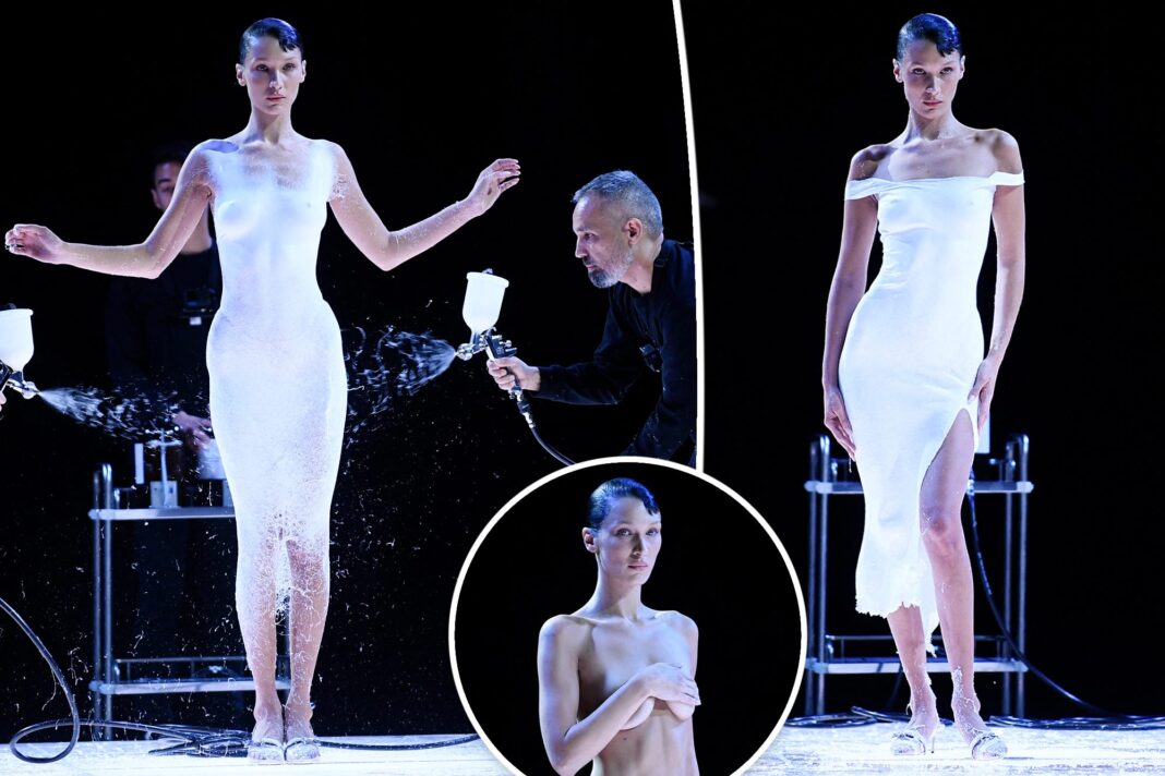 Bella Hadid sprays on and transforms into a beautiful dress.