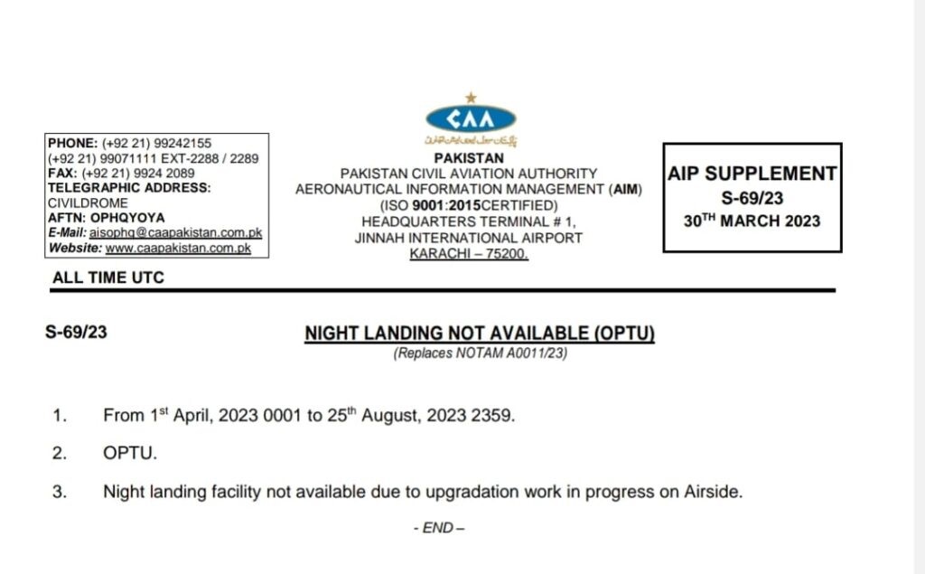 Civil Aviation Authority (CAA) on Saturday closed Turbat airport for night flights