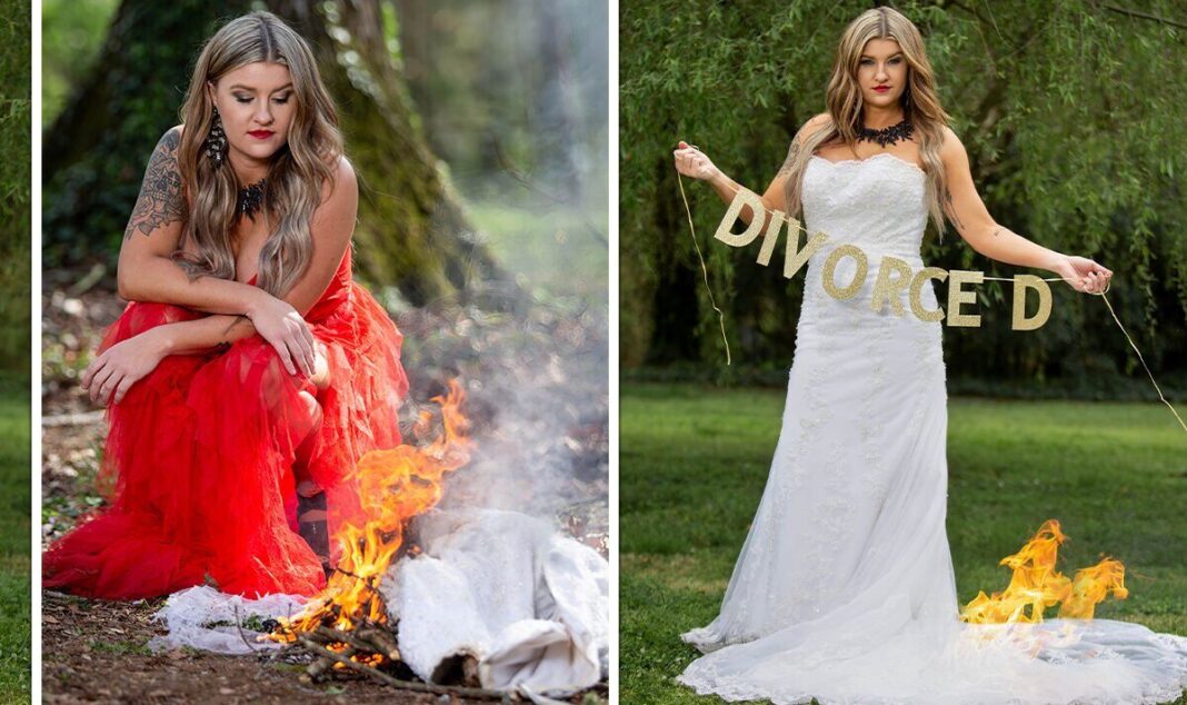 A woman celebrates her divorce by burning her wedding dress