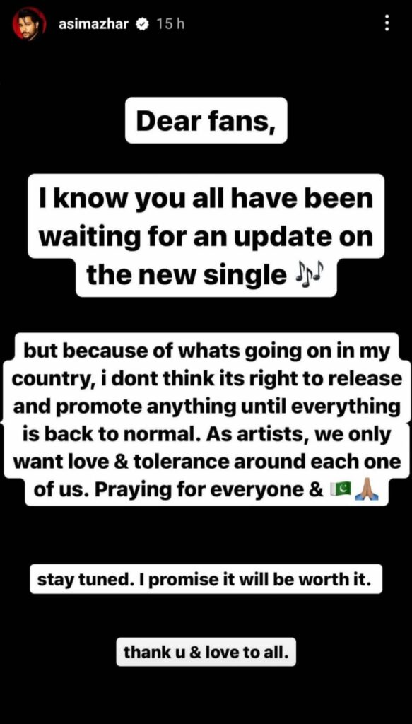 Asim Azhar talk about song release in Instagram story