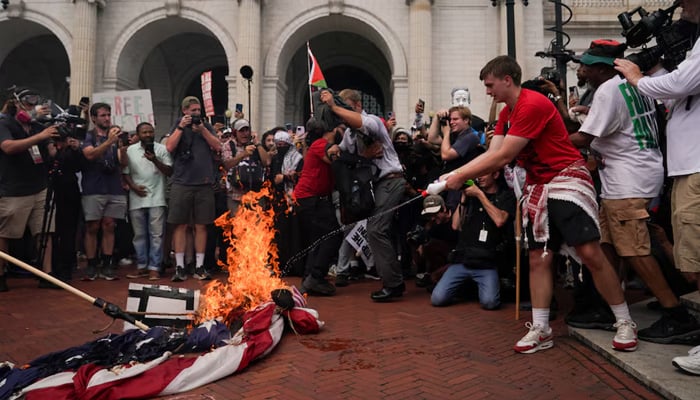 The American flag was set on fire in Washington